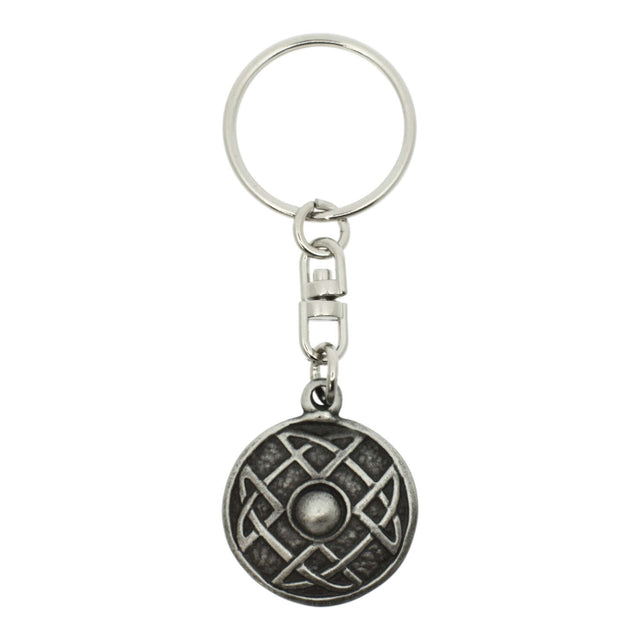 Round Celtic shield pewter keyring with raised centre and knotwork