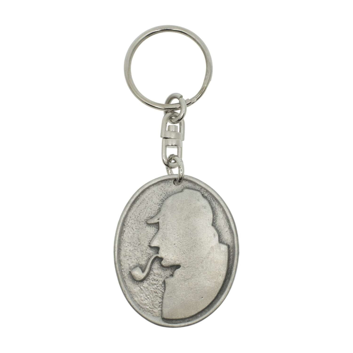 Sherlock Holmes oval pewter keyring with silhouette and pipe