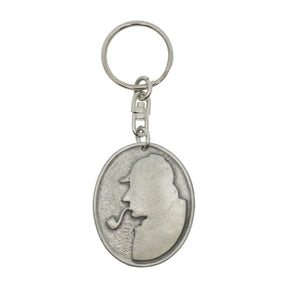Sherlock Holmes oval pewter keyring with silhouette and pipe