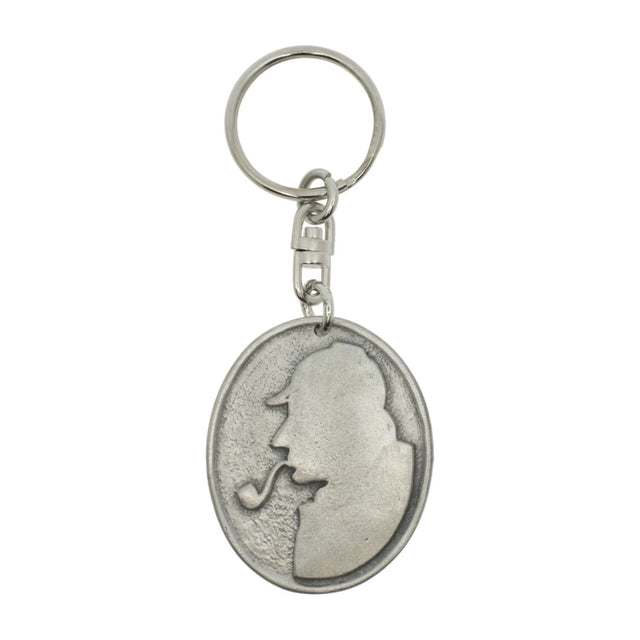 Sherlock Holmes oval pewter keyring with silhouette and pipe