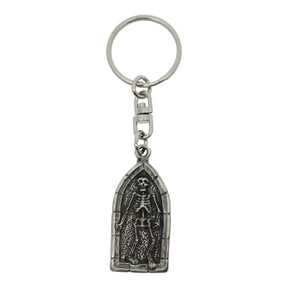 Boney skeleton Gothic arch pewter keyring