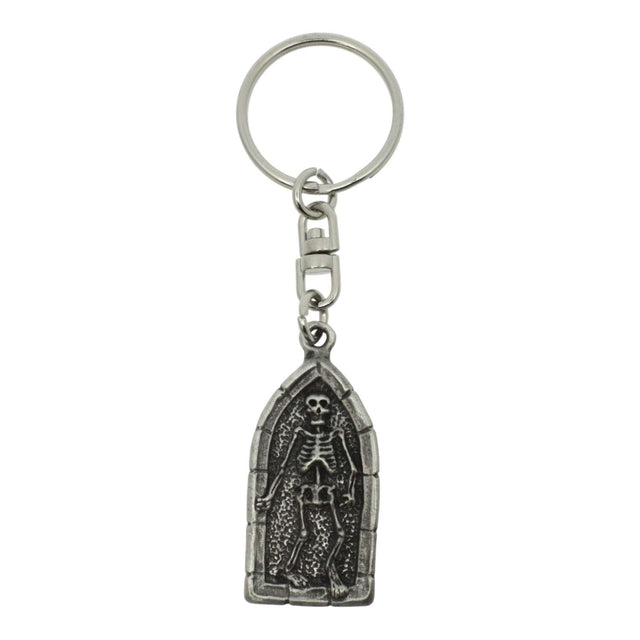 Boney skeleton Gothic arch pewter keyring