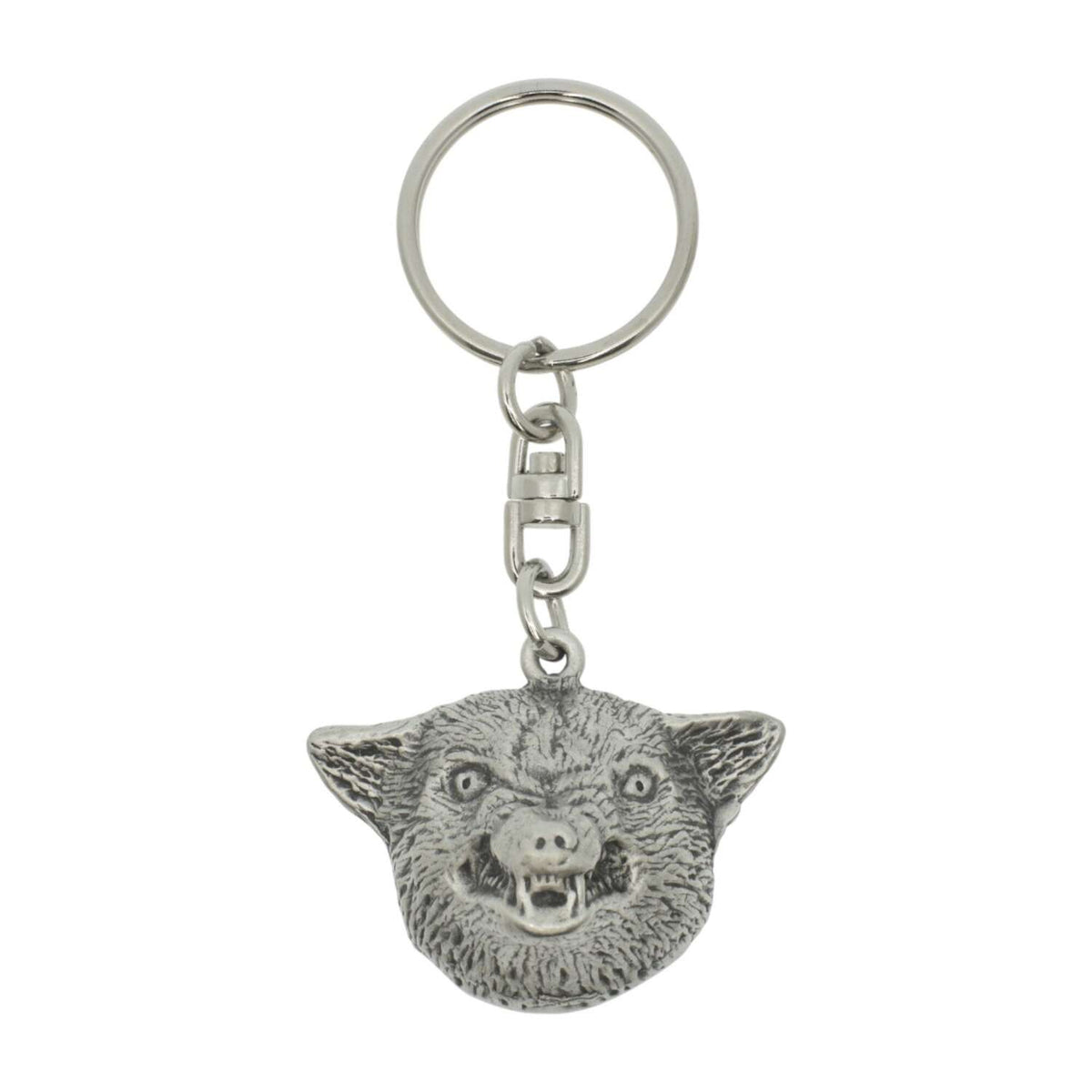 Wolf head pewter keyring with detailed fur and open mouth