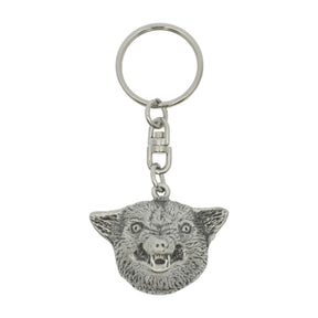 Wolf head pewter keyring with detailed fur and open mouth