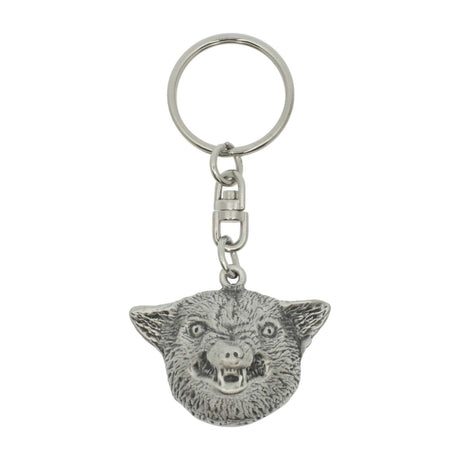 Wolf head pewter keyring with detailed fur and open mouth