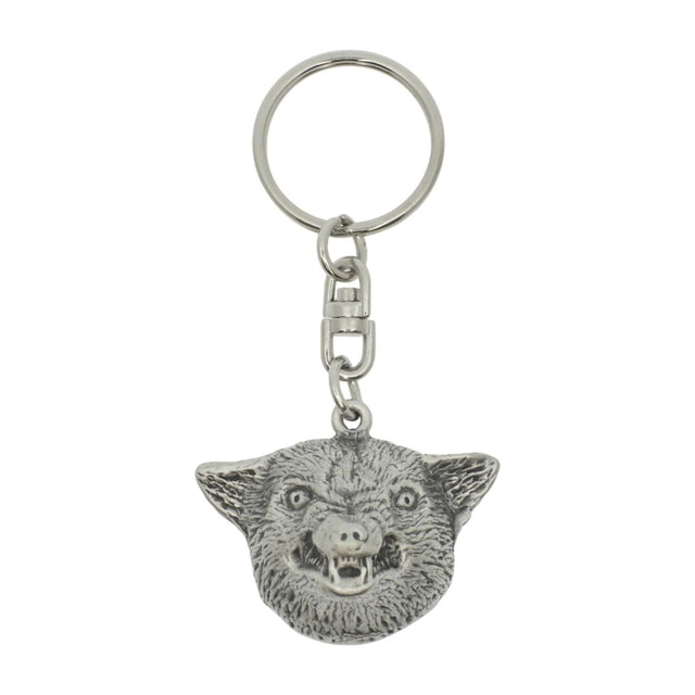 Wolf head pewter keyring with detailed fur and open mouth