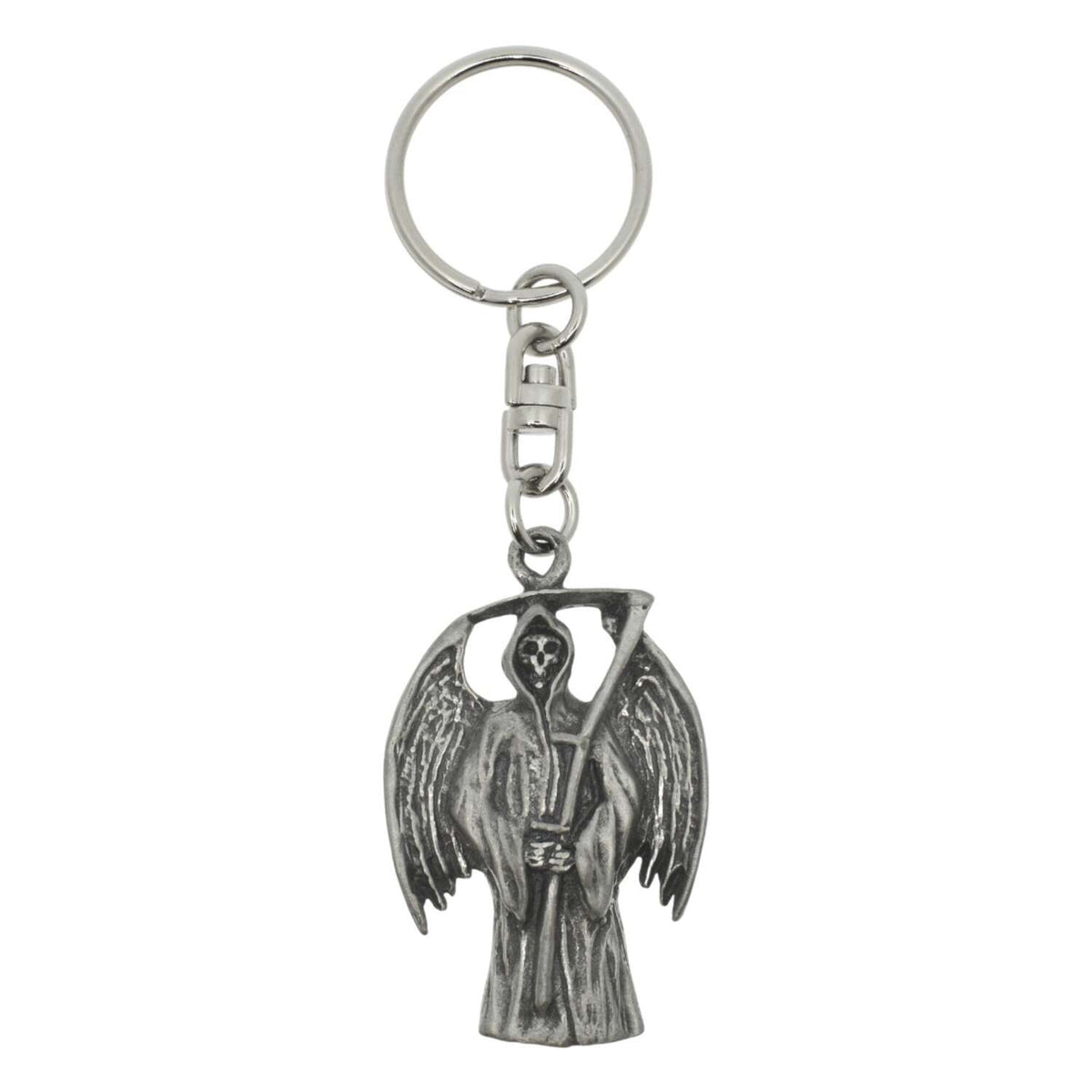 Grim Reaper pewter keyring featuring winged figure and scythe