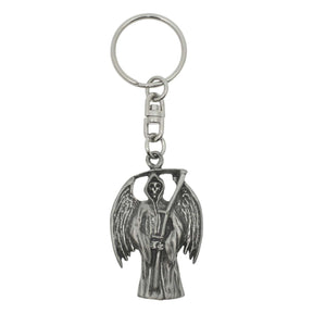 Grim Reaper pewter keyring featuring winged figure and scythe