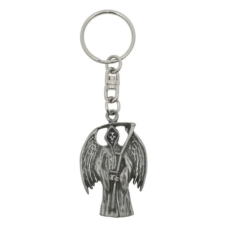 Grim Reaper pewter keyring featuring winged figure and scythe