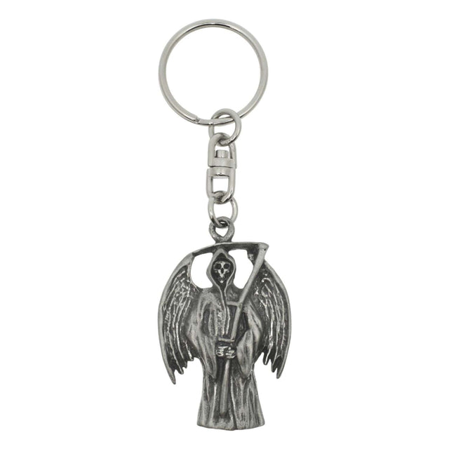 Grim Reaper pewter keyring featuring winged figure and scythe