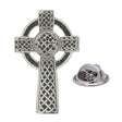 Antique silver-coloured tall Celtic cross lapel pin badge with circular ring, intricate knotwork and butterfly clasp