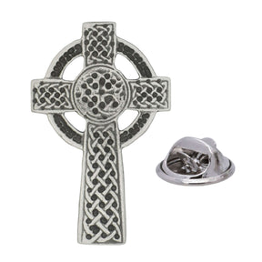 Antique silver-coloured tall Celtic cross lapel pin badge with circular ring, intricate knotwork and butterfly clasp