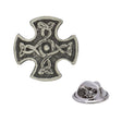 Antique silver-coloured Nevern Celtic cross lapel pin with flared arms, knotwork and butterfly clasp