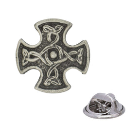 Antique silver-coloured Nevern Celtic cross lapel pin with flared arms, knotwork and butterfly clasp