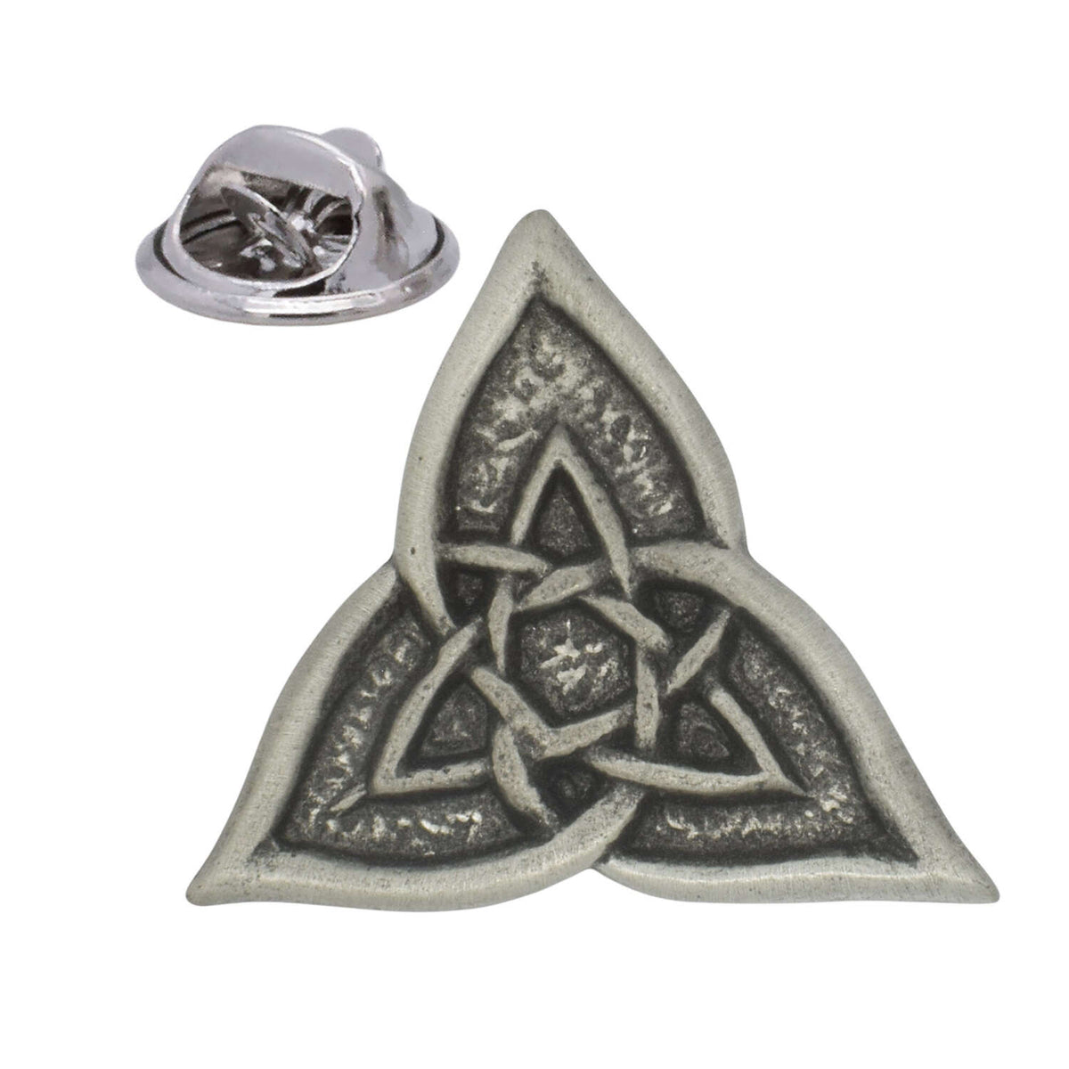 Antique silver-coloured Celtic triangle triquetra knot lapel pin with butterfly clasp