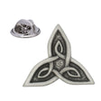Antique silver-coloured Celtic triangle lapel pin with flowing triquetra knot design and butterfly clasp