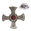 Antique silver-coloured St Cuthbert's Cross lapel pin with red decorative centre and butterfly clasp