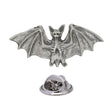 Antique silver-coloured flying bat lapel pin with detailed outstretched wings and butterfly clasp