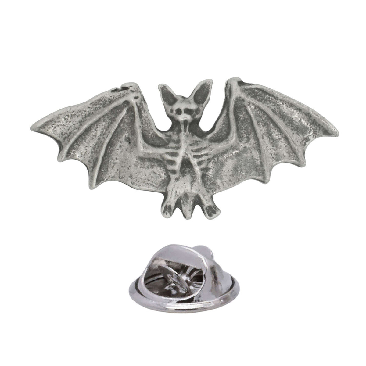 Antique silver-coloured flying bat lapel pin with detailed outstretched wings and butterfly clasp