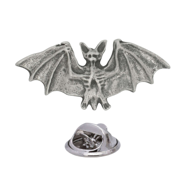 Antique silver-coloured flying bat lapel pin with detailed outstretched wings and butterfly clasp