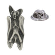 Antique silver-coloured hanging bat lapel pin with folded wings, pointed ears and butterfly clasp