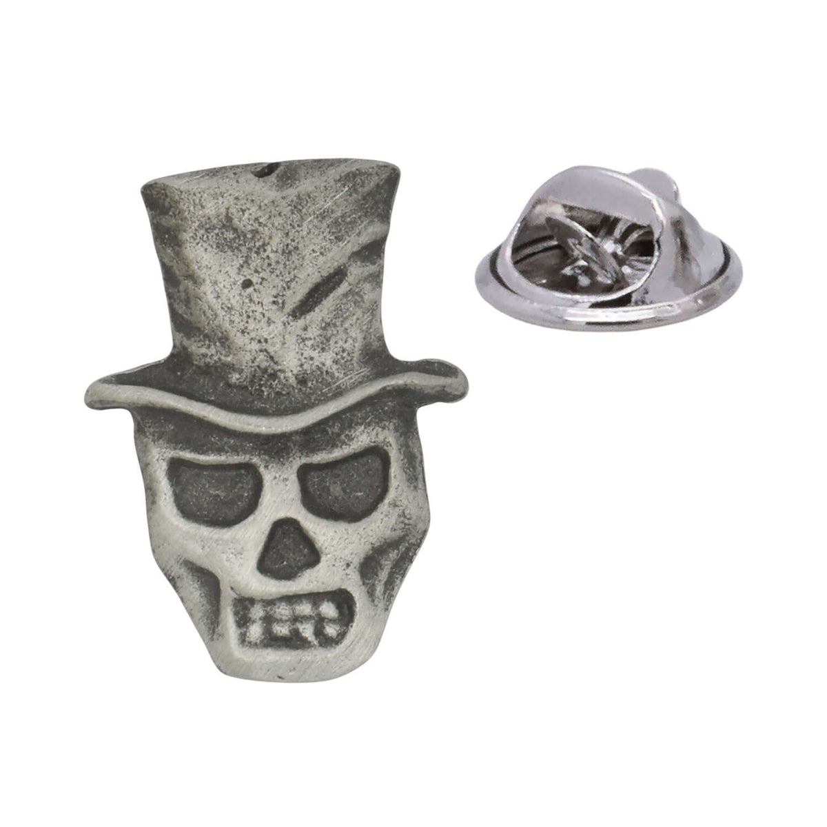 Antique silver-coloured Baron Samedi skull with top hat lapel pin and butterfly clasp