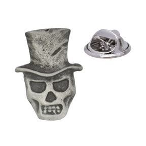 Antique silver-coloured Baron Samedi skull with top hat lapel pin and butterfly clasp