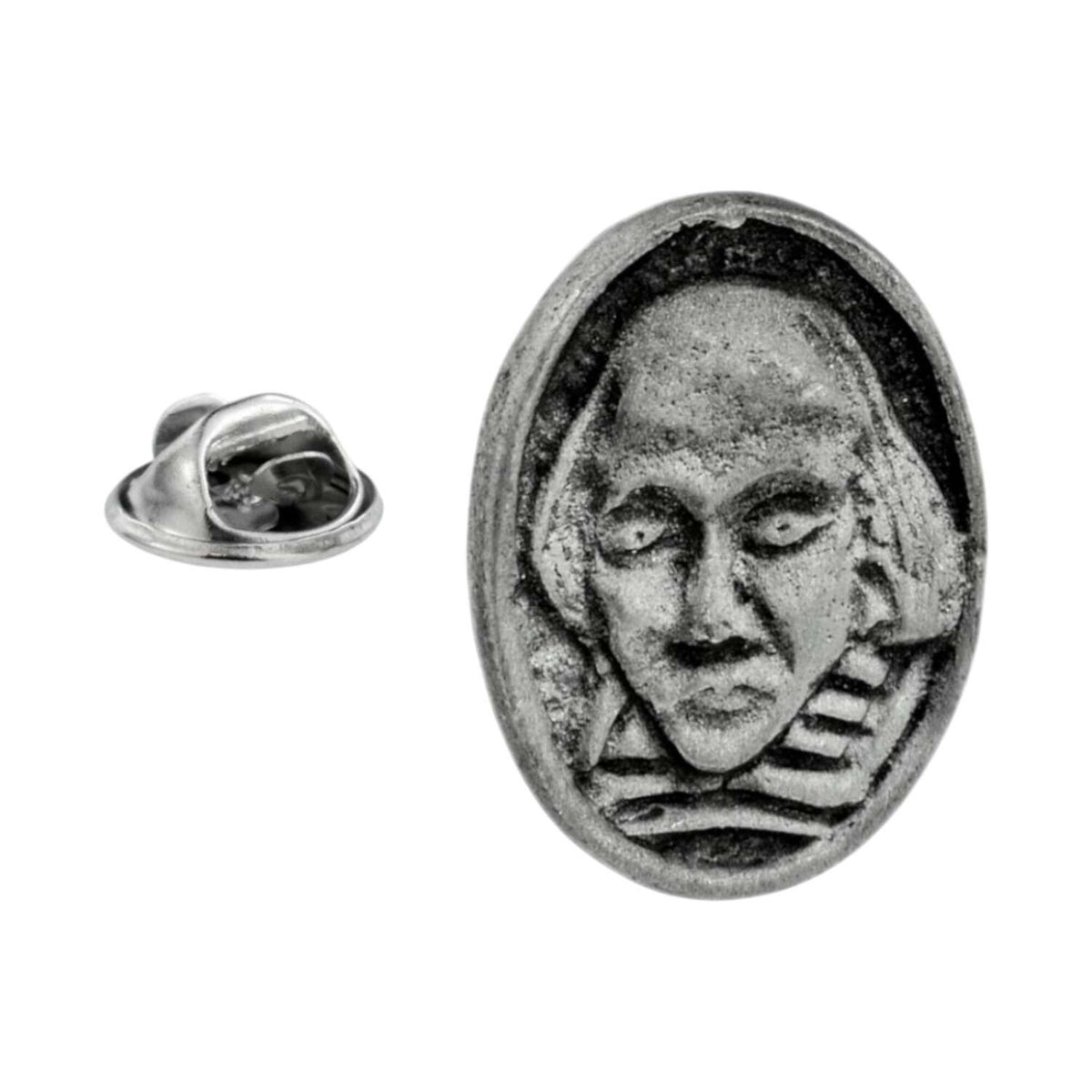 Antique silver-coloured William Shakespeare portrait oval lapel pin badge with butterfly clasp