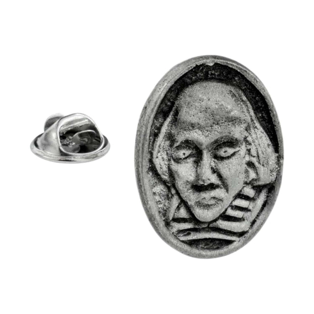 Antique silver-coloured William Shakespeare portrait oval lapel pin badge with butterfly clasp
