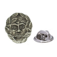 Antique silver-coloured Green Man face lapel pin surrounded by foliage with butterfly clasp