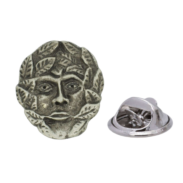 Antique silver-coloured Green Man face lapel pin surrounded by foliage with butterfly clasp