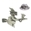 Antique silver-coloured witch and cat flying on a broomstick lapel pin badge with butterfly clasp