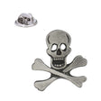 Antique silver-coloured skull and crossbones lapel pin with grinning skull, crossed bones and butterfly clasp