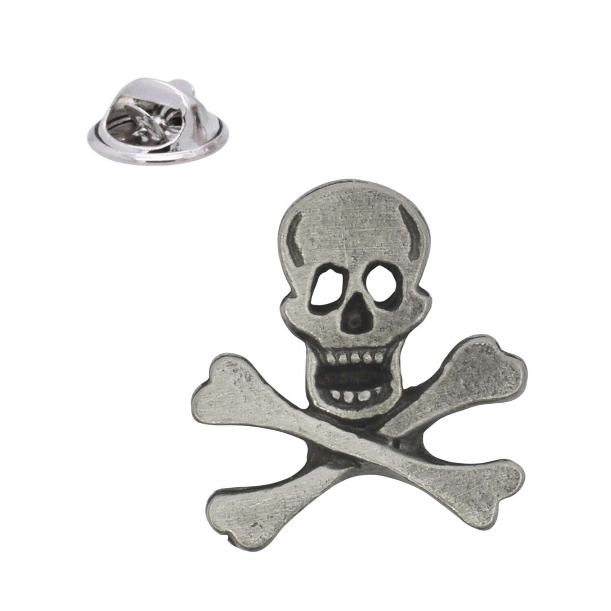 Antique silver-coloured skull and crossbones lapel pin with grinning skull, crossed bones and butterfly clasp