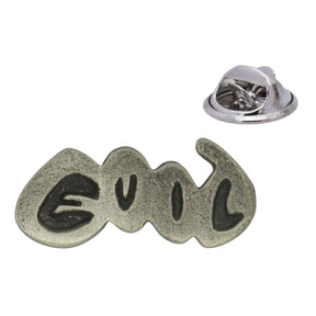 Antique silver-coloured Good Evil stylised lettering lapel pin badge with butterfly clasp