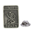 Antique silver-coloured Death tarot card XIII lapel pin with skeleton, scythe and butterfly clasp
