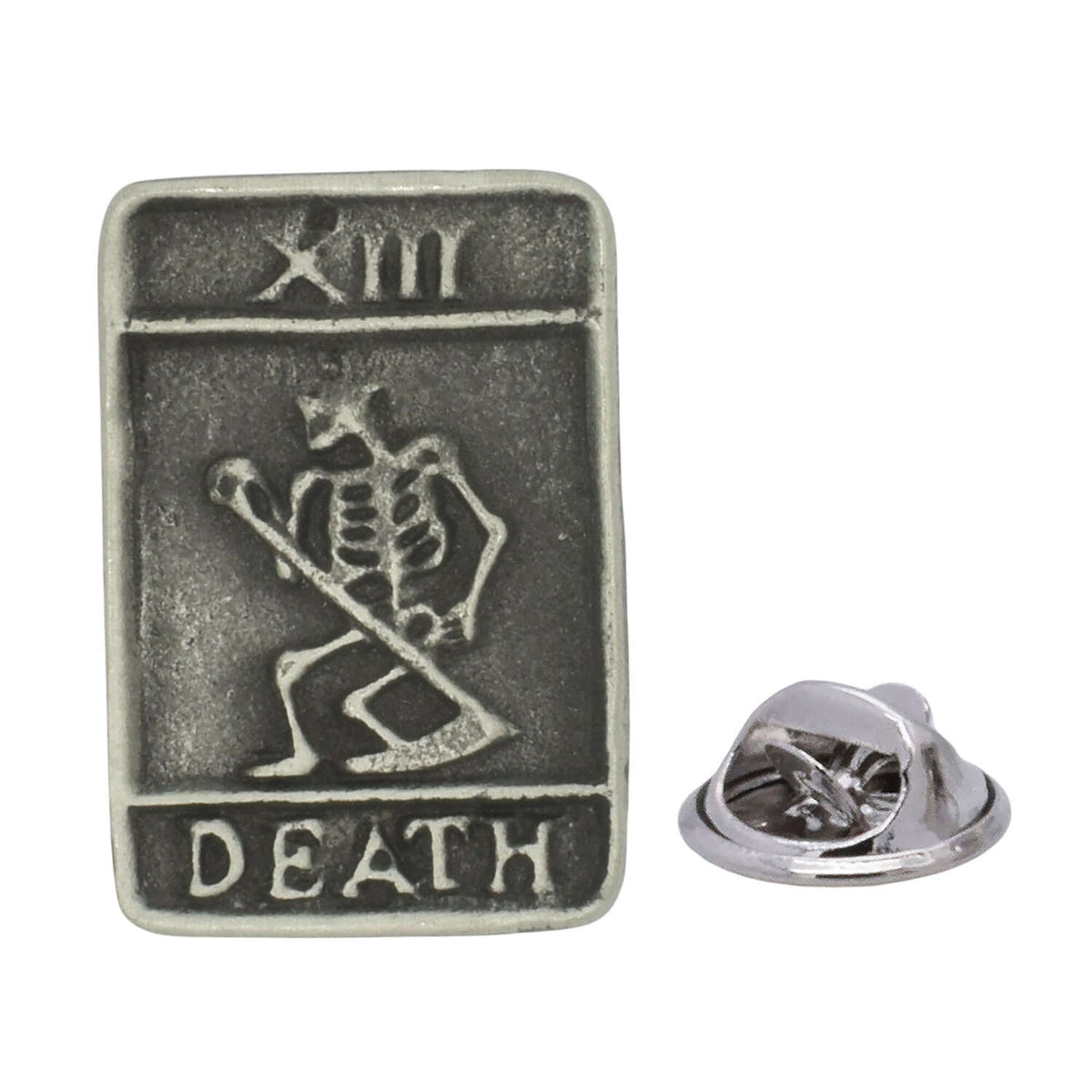 Antique silver-coloured Death tarot card XIII lapel pin with skeleton, scythe and butterfly clasp