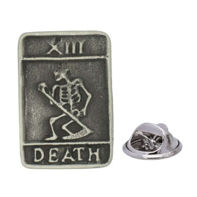 Antique silver-coloured Death tarot card XIII lapel pin with skeleton, scythe and butterfly clasp