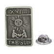Antique silver-coloured The Sun tarot card XIX lapel pin with sun face, two figures and butterfly clasp