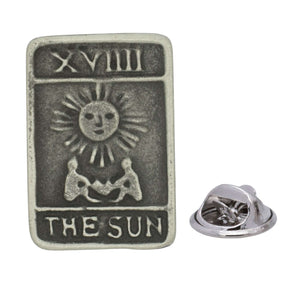 Antique silver-coloured The Sun tarot card XIX lapel pin with sun face, two figures and butterfly clasp