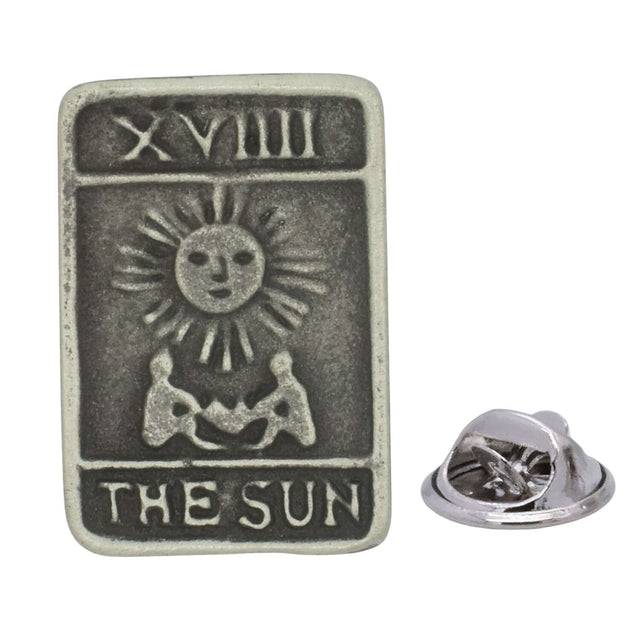 Antique silver-coloured The Sun tarot card XIX lapel pin with sun face, two figures and butterfly clasp