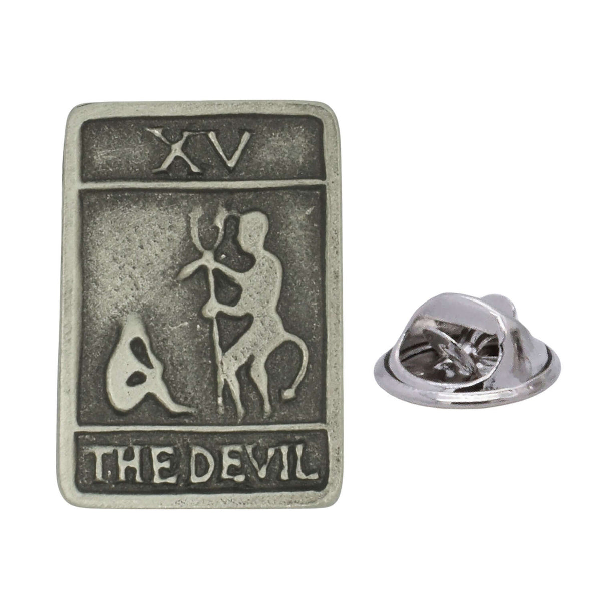 Antique silver-coloured The Devil tarot card XV lapel pin featuring horned figure, lettering and butterfly clasp