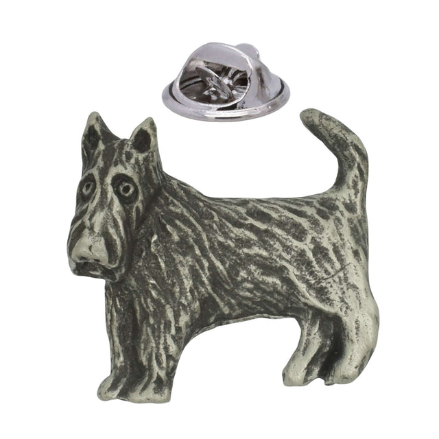 Antique silver-coloured Scottish Terrier Scottie dog lapel pin with textured coat and butterfly clasp