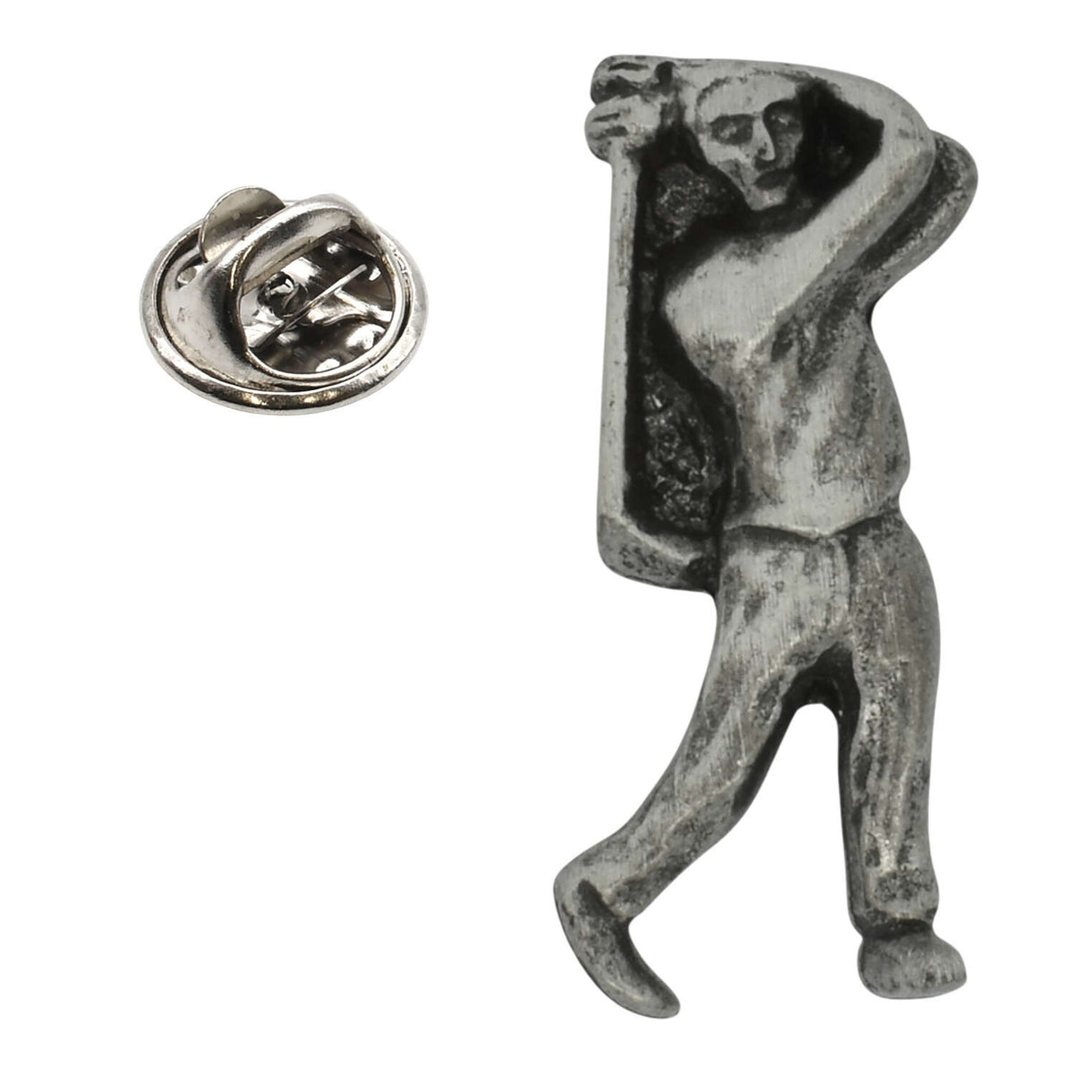 Antique silver-coloured golfer swinging a golf club lapel pin badge with butterfly clasp