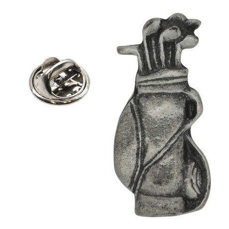 Antique silver-coloured golf bag and clubs lapel pin badge with butterfly clasp