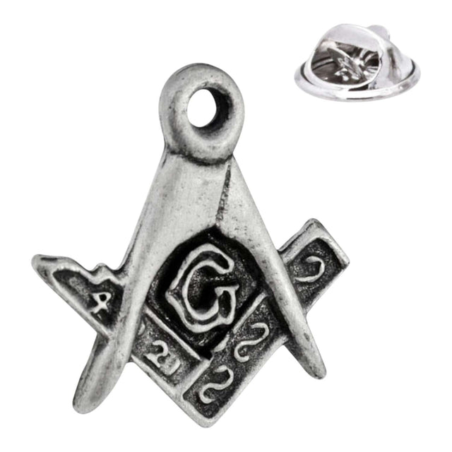 Antique silver-coloured Masonic square and compasses lapel pin with central G and butterfly clasp