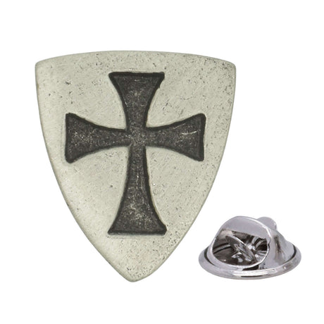 Antique silver-coloured Knights Templar shield lapel pin with dark cross and butterfly clasp