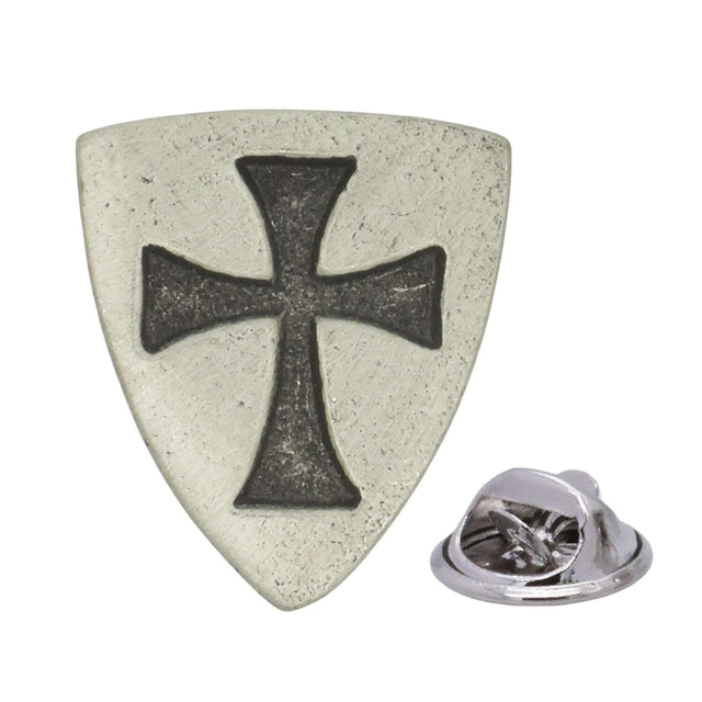 Antique silver-coloured Knights Templar shield lapel pin with dark cross and butterfly clasp