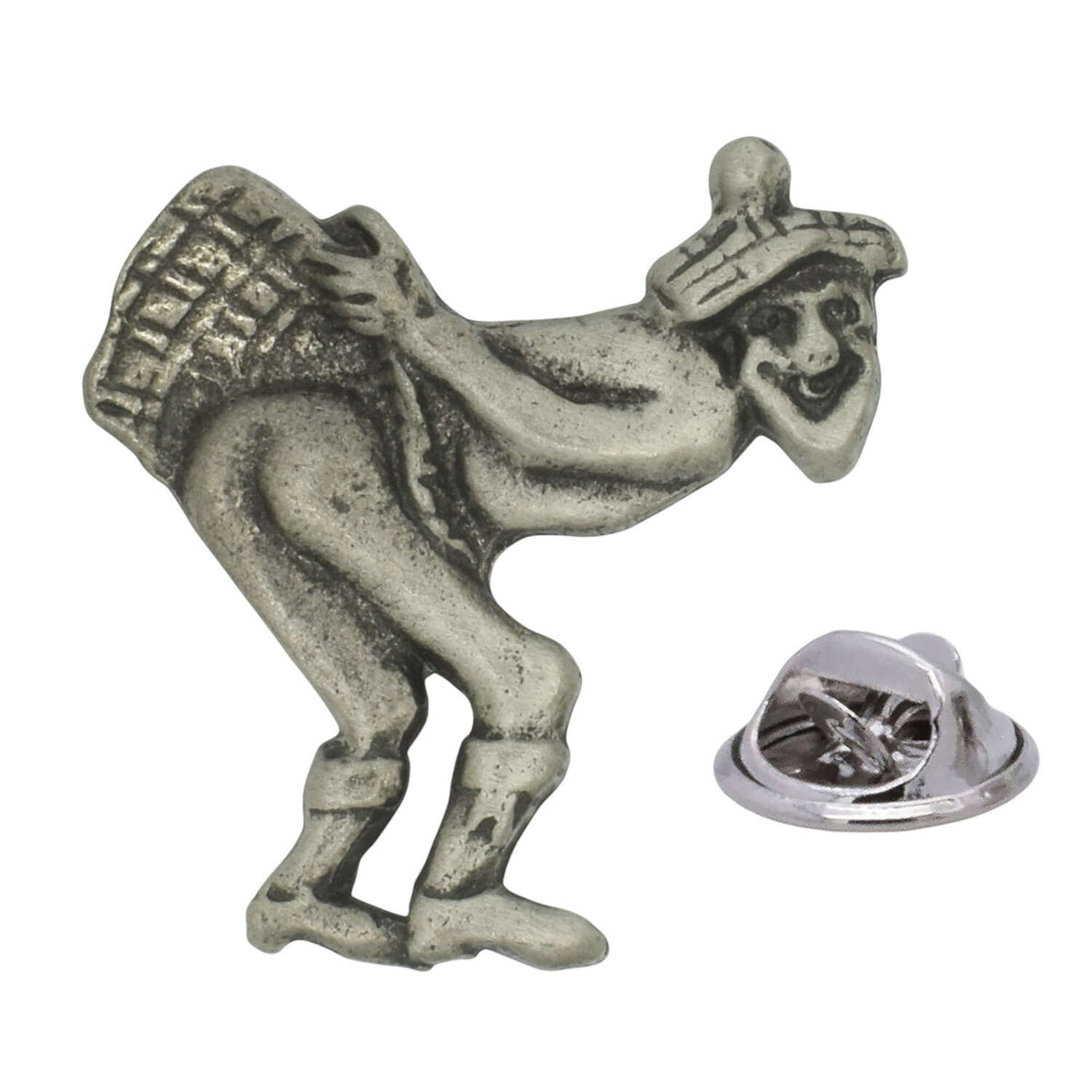 Antique silver-coloured See You Jimmy Scottish character lapel pin with bonnet and butterfly clasp