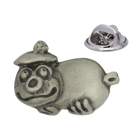 Antique silver-coloured humorous Scottish haggis creature lapel pin with bonnet and butterfly clasp